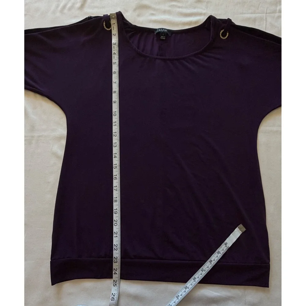 AUW Women Purple Cold Shoulder Blouse Rhinestone Grommet Short Sleeve Top‎ L
